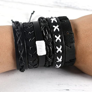 6PCS Braided Faux Leather Bracelet Punk Cuff Wrap Bracelets Multi-Layer Bracelet for Men Women Adjustable (Small Fish)