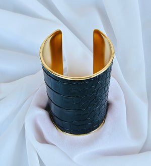 Glossy Black Snakeskin Gold Lined Cuff Bracelet